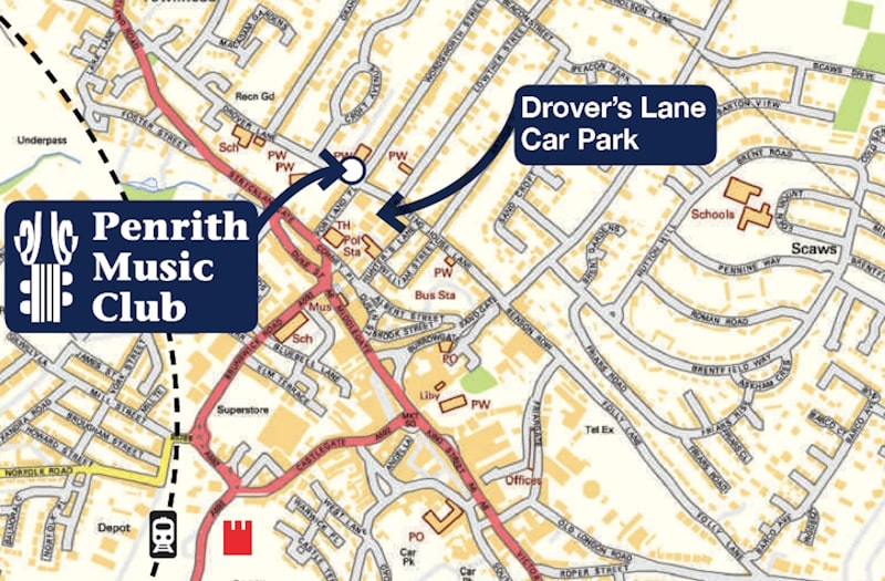 Location map of Penrith Music Club concerts at Penrith Methodist Church, with nearby parking marked